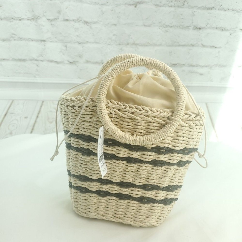 New York & Company Womens Beige Striped Rectangle Wicker Drawstring Handbag